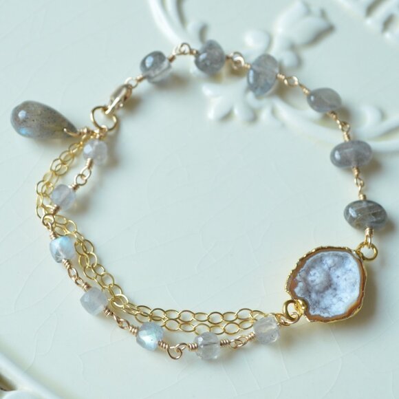 Labradorite Bracelet in Gold with Geode Center - Hand Made in Canada - Picture 2 of 9